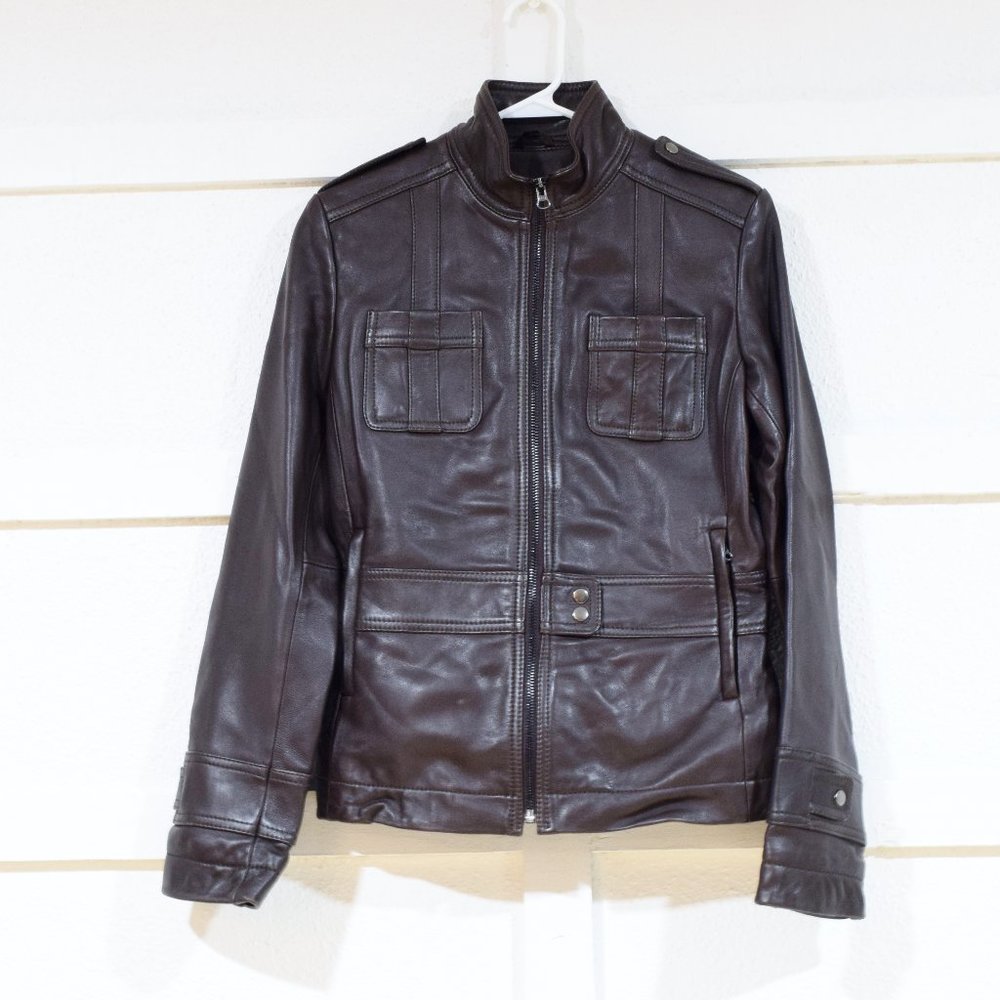 KENNETH COLE Genuine Leather Brown Moto Motorcycle Jacket | Size S